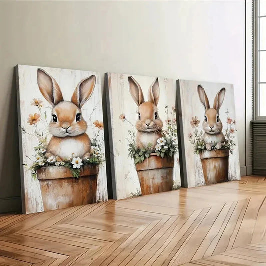 3pcs Cute Little Rabbit Flower Pot Elegant Wall Art Set Canvas Framed 40x60cm - High Quality Print 100% Australian Made Wall Canvas Ready to Hang