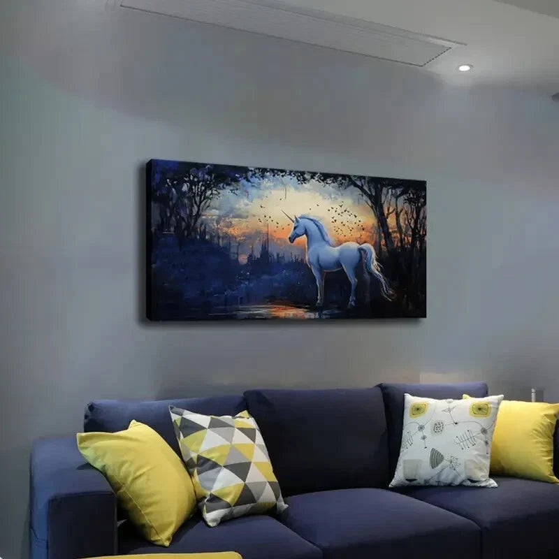 Unicorn in Twilight Forest Wall Art Canvas Office Home Room Framed 120x60cm