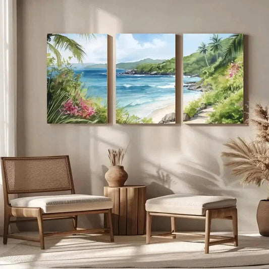 3pcs Tropical Beach Landscape with Palm Trees Metal Print Ready to Hang Art