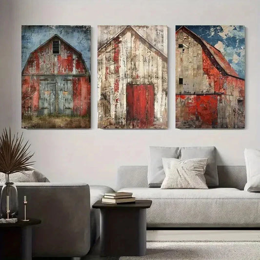 3pcs Vintage Barns Landscape Red Barn and Rustic Metal Print Ready to Hang Art