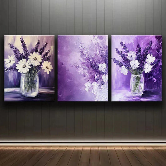 3pcs Purple Themed White Florals Metal Print Ready to Hang Art
