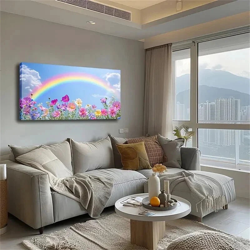 Vibrant Cosmos Flowers Rainbow Wall Art Canvas Office Home Room Framed 120x60cm