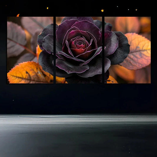 3pcs Purple Rose Floral Golden Leaves Metal Print Ready to Hang Art
