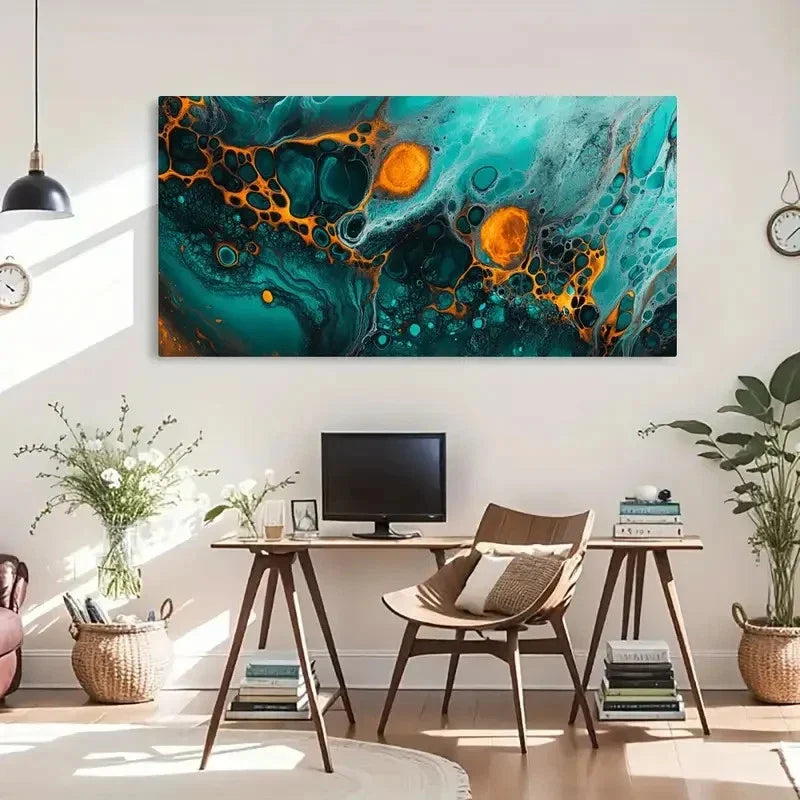Orange & Teal Fluid Abstract Wall Art Canvas Office Home Room Framed 120x60cm
