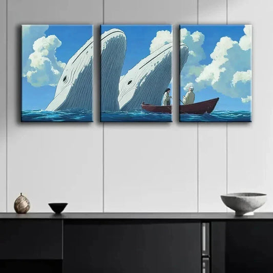 3pcs Whale and the Boy Blue Sky Nature Perfect Wall Art Set Canvas Framed 40x60cm - High Quality Print 100% Australian Made Wall Canvas Ready to Hang