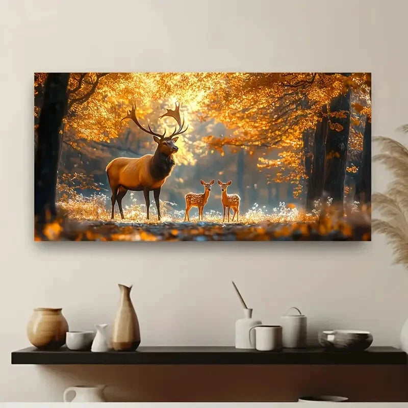Stag & Fawn in Autumn Forest Wall Art Canvas Office Home Room Framed 80x45cm