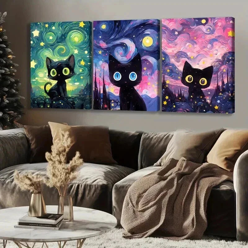3pcs Cute Black Cat Fantasy Decorations Wall Art Set Canvas Framed 40x60cm - High Quality Print 100% Australian Made Wall Canvas Ready to Hang