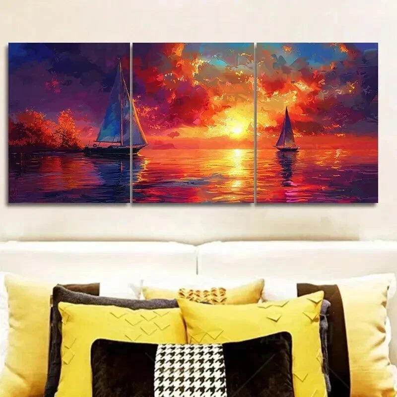 3pcs Little White Boats on Ocean at Sunset Wall Art Set Canvas Framed 40x60cm - High Quality Print 100% Australian Made Wall Canvas Ready to Hang