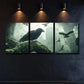 3pcs A Raven Perched on a Mossy Branch Wall Art Set Canvas Framed 40x60cm - High Quality Print 100% Australian Made Wall Canvas Ready to Hang