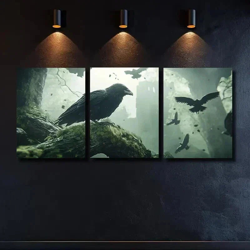 3pcs A Raven Perched on a Mossy Branch Wall Art Set Canvas Framed 40x60cm - High Quality Print 100% Australian Made Wall Canvas Ready to Hang