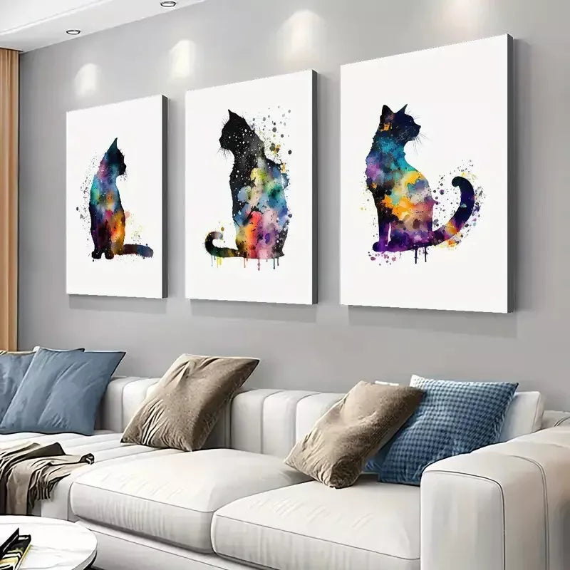 3pcs Modern Feline Cat Watercolor Aesthetic Wall Art Set Canvas Framed 40x60cm - High Quality Print 100% Australian Made Wall Canvas Ready to Hang