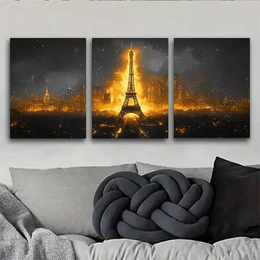3pcs The Eiffel Tower with a Golden Glow Wall Art Set Canvas Framed 40x60cm - High Quality Print 100% Australian Made Wall Canvas Ready to Hang