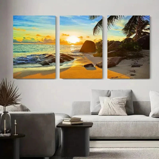 3pcs Serene Beach Scene with Rocks and Palm Trees Metal Print Ready to Hang Art