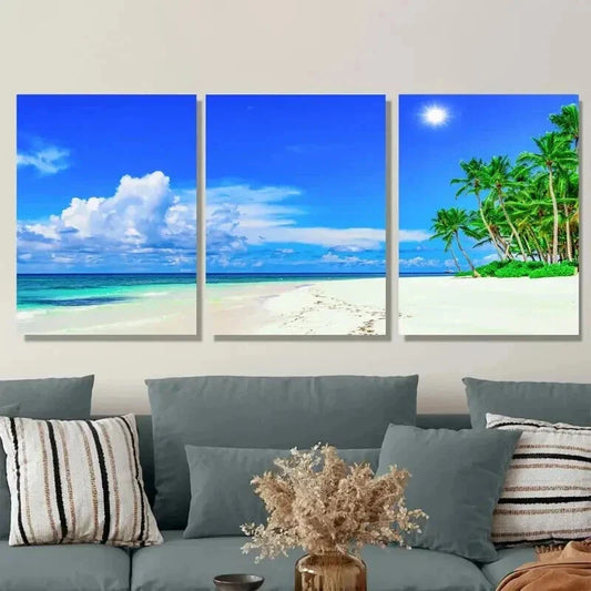 3pcs Palm Trees & Sandy Shoreline Beach Paradise Wall Art Set Canvas Framed 40x60cm - High Quality Print 100% Australian Made Wall Canvas Ready to Hang