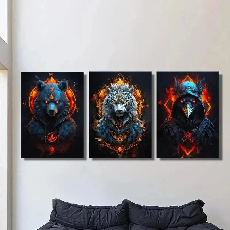 3pcs Fantasy Golden Red Flaming Ferocious Animal Wall Art Set Canvas Framed 40x60cm - High Quality Print 100% Australian Made Wall Canvas Ready to Hang