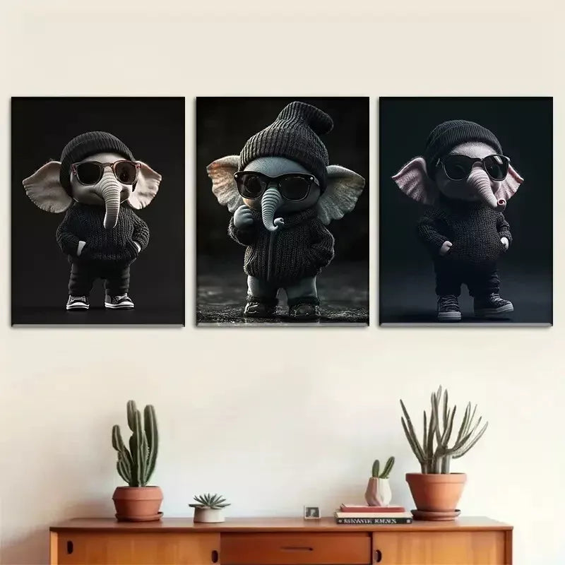 3pcs  Cool Elephant with knitted hat and sunglass Wall Art Set Canvas Framed 40x60cm - High Quality Print 100% Australian Made Wall Canvas Ready to Hang