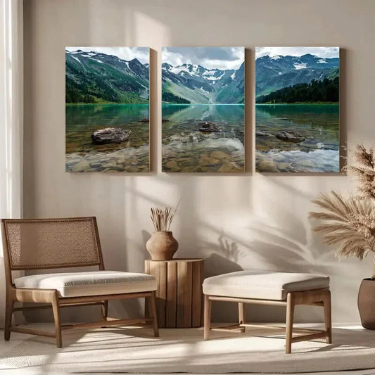 3pcs Light Blue Lake Snowy Mountains Metal Print Ready to Hang Art