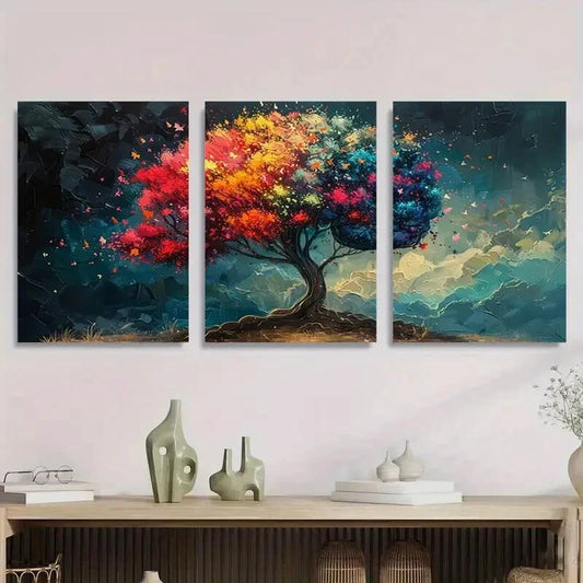 3pcs Vibrant Tree Abstract Modern Palette Knife Metal Print Ready to Hang Art