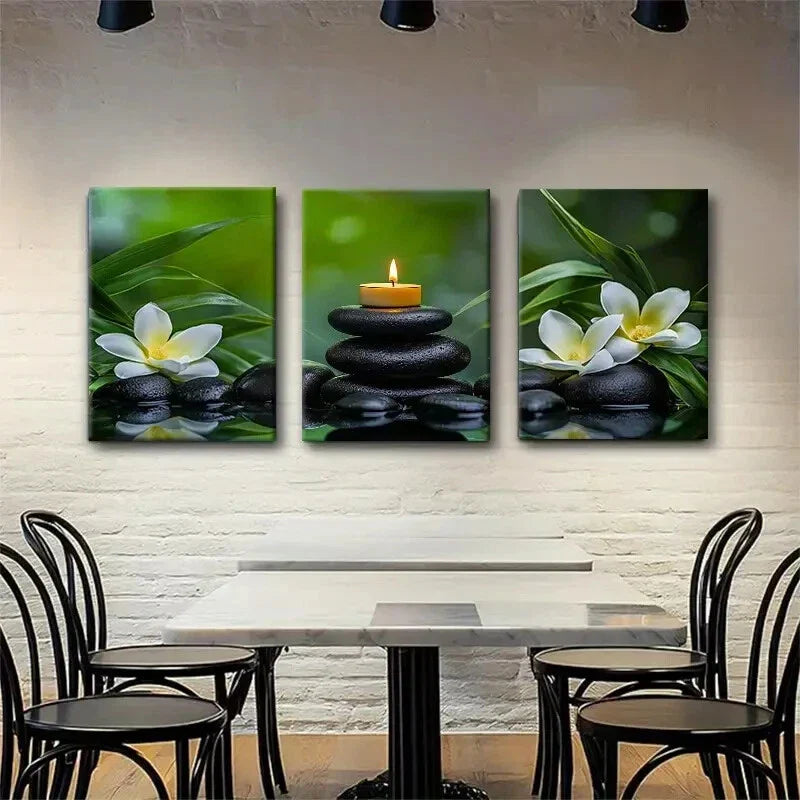3pcs Nature Stones Candle and Plumeria Perfect Wall Art Set Canvas Framed 40x60cm - High Quality Print 100% Australian Made Wall Canvas Ready to Hang