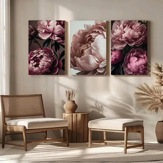 3pcs Pink & Black Floral Peony Botanical Metal Print Ready to Hang Art