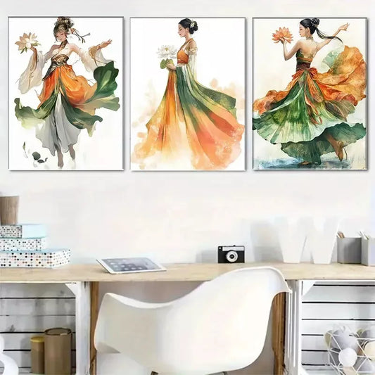 3pcss Traditional Chinese Beauty dancing Wall Art Set Canvas Framed 40x60cm - High Quality Print 100% Australian Made Wall Canvas Ready to Hang