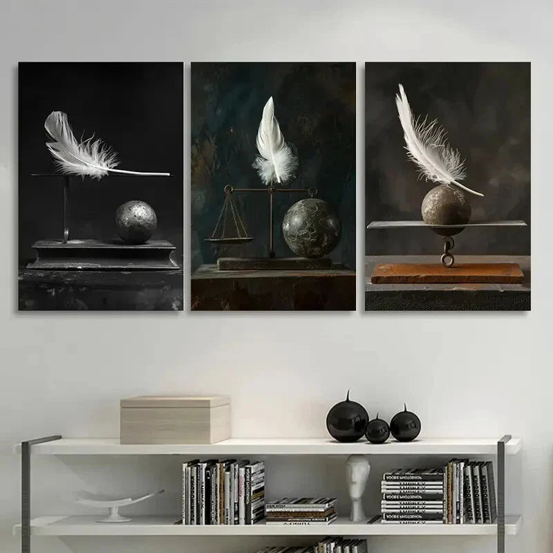 3pcs Abstract Feather and Iron Ball White Wings Metal Print Ready to Hang Art