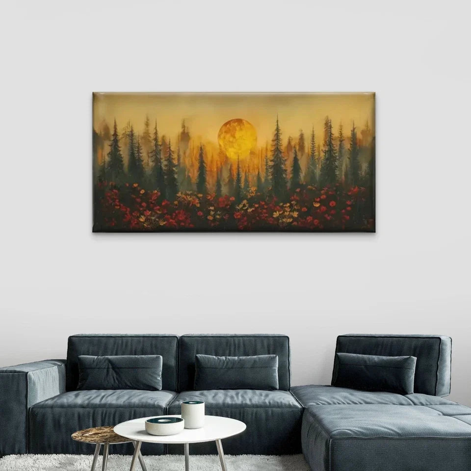 Full Moon Forest Pine Trees Wall Art Canvas Office Home Room Framed 80x45cm