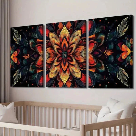 3pcs Mandala Flowers on Black Background Wall Art Set Canvas Framed 40x60cm - High Quality Print 100% Australian Made Wall Canvas Ready to Hang
