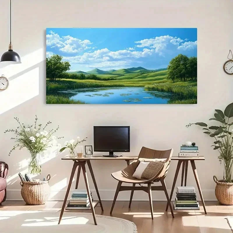 Green Hills Featuring Water Wall Art Canvas Office Home Room Framed 120x60cm