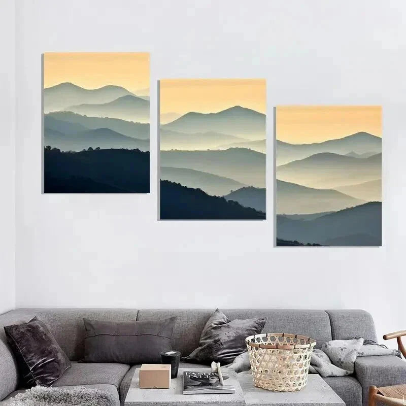 3pcs Layered Foggy Mountain Range Design Wall Art Set Canvas Framed 40x60cm - High Quality Print 100% Australian Made Wall Canvas Ready to Hang