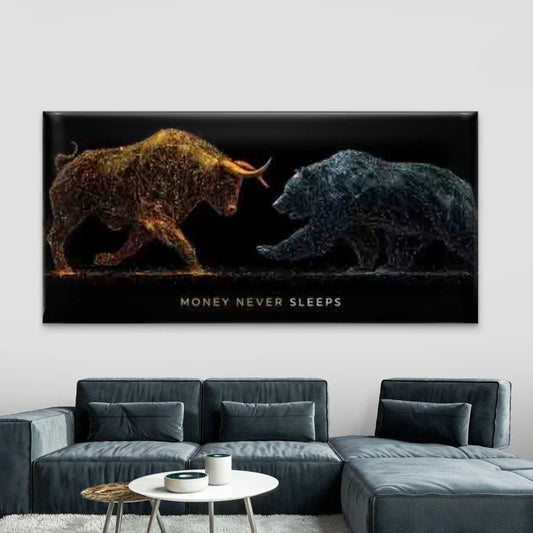 Bull vs Bear Stock Market Wall Art Canvas Office Home Room Framed 120x60cm