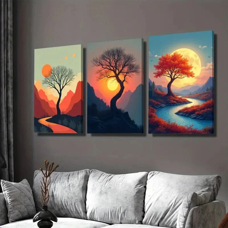 3pcs Vibrant Sunset Trees And Mountain beautiful Wall Art Set Canvas Framed 40x60cm - High Quality Print 100% Australian Made Wall Canvas Ready to Hang