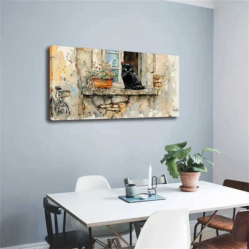 Abstract Style Black Cat on Old Wall Art Canvas Office Home Room Framed 120x60cm
