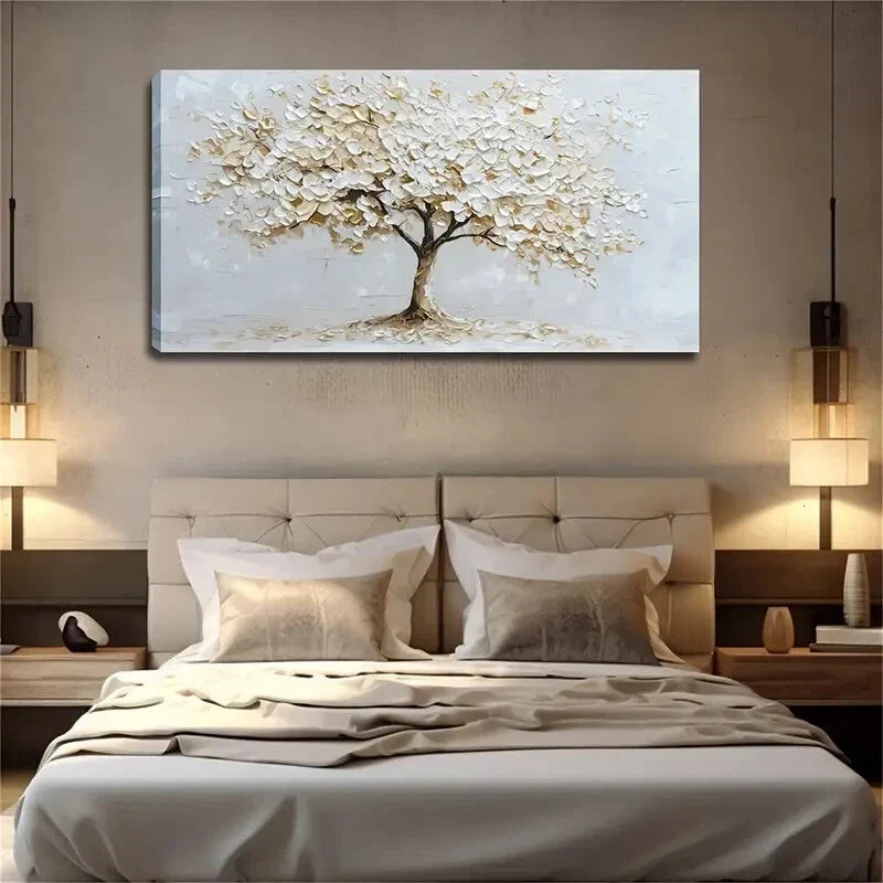 A Big Tree White Golden Leaves Wall Art Canvas Office Home Room Framed 120x60cm