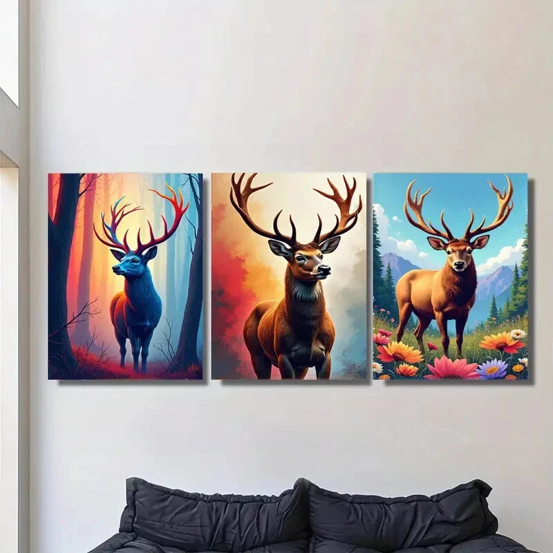 3pcs Colorful Deer Forest Triptych Floral Metal Print Ready to Hang Art
