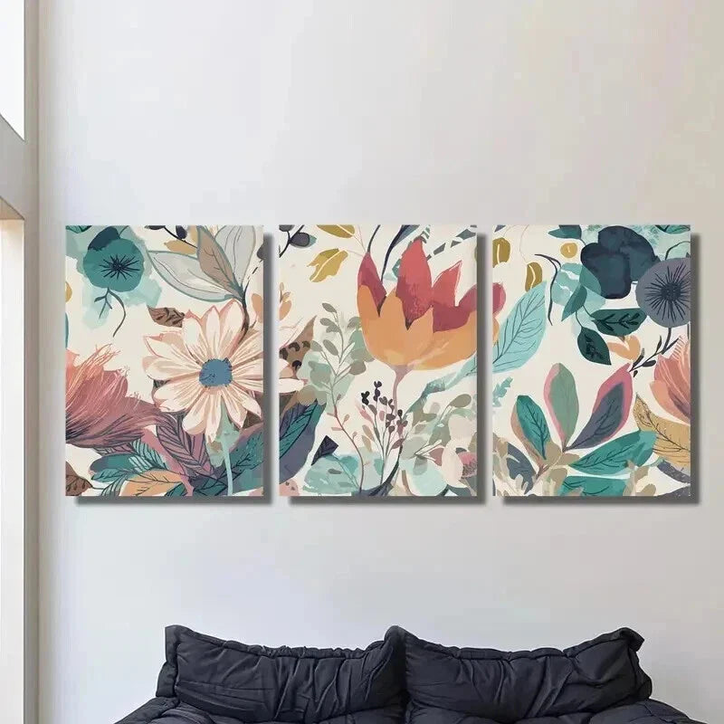 3pcs Boho Floral Vibrant Flowers & Leaves Wall Art Set Canvas Framed 40x60cm - High Quality Print 100% Australian Made Wall Canvas Ready to Hang