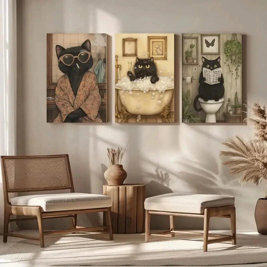 3pcs Whimsical Reading Books Black Cat Metal Print Ready to Hang Art