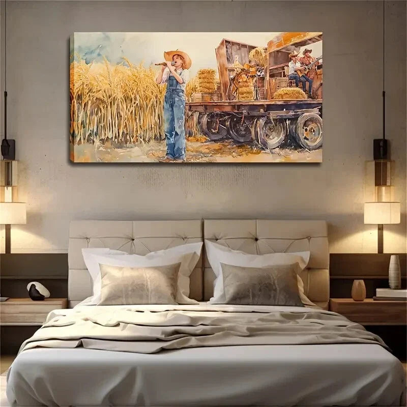 A Farmer Standing Beside Straw Wall Art Canvas Office Home Room Framed 80x45cm