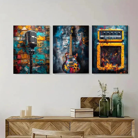 3pcs Musical Instruments Painting Guitar Metal Print Ready to Hang Art
