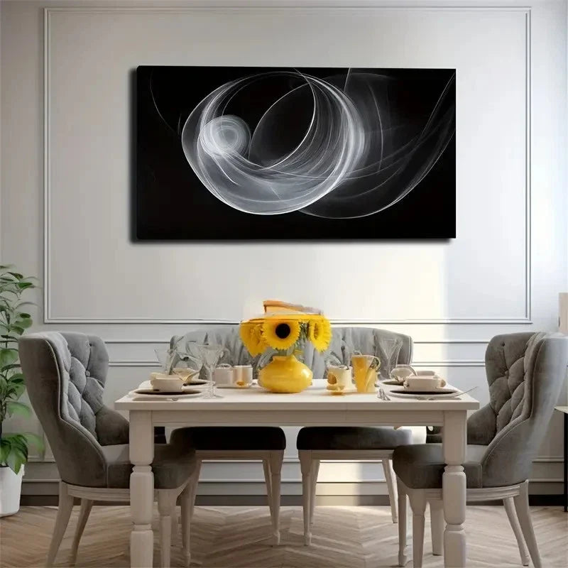 White Line Swirls In Black Back Wall Art Canvas Office Home Room Framed 80x45cm