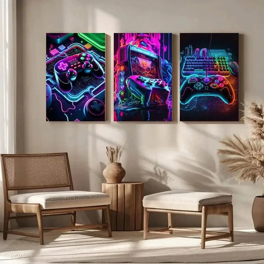 3pcs Gamer Accessories Theme Fabric Printing Metal Print Ready to Hang Art