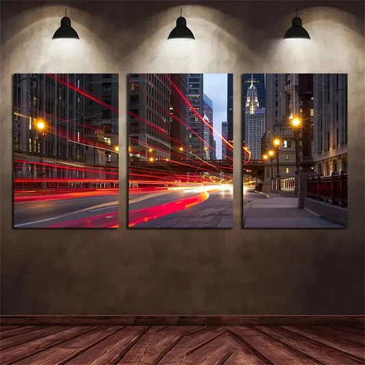 3pcs Street Light Trail Long Traffic Light Pathway Metal Print Ready to Hang Art