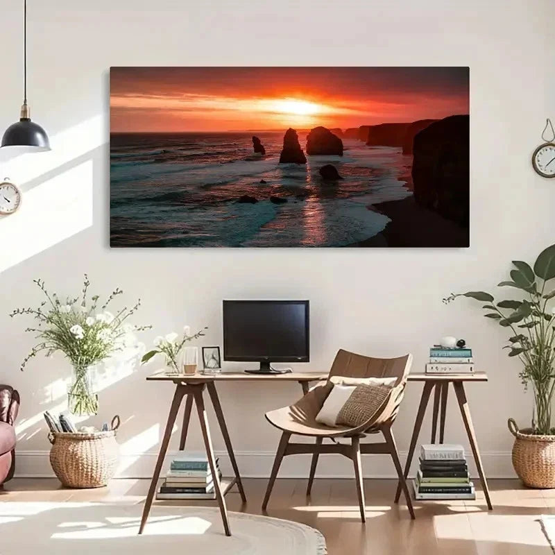 Seashore Sunset Vintage Wall Art Canvas Office Home Room Framed 120x60cm