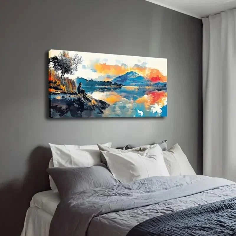 Tranquil Lake Scene Vibrant Wall Art Canvas Office Home Room Framed 120x60cm