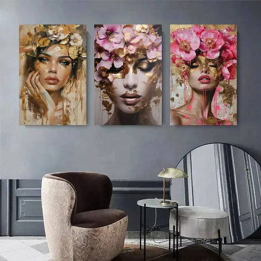 3pcs Elegant Female Figures with Golden and Pink Metal Print Ready to Hang Art