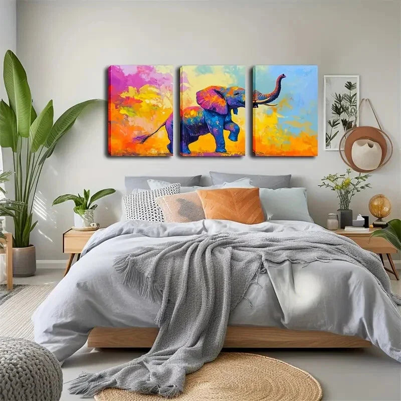 3pcs Vibrant Colorful Elephant Modern Wall Art Set Canvas Framed 40x60cm - High Quality Print 100% Australian Made Wall Canvas Ready to Hang