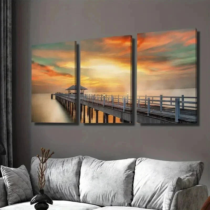 3pcs Sunset Dock Triptych Orange Yellow Green Wall Art Set Canvas Framed 40x60cm - High Quality Print 100% Australian Made Wall Canvas Ready to Hang