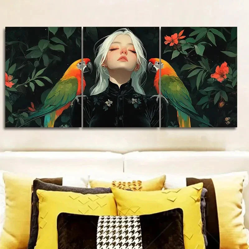 3pcs Colored parrots and girls Metal Print Ready to Hang Art