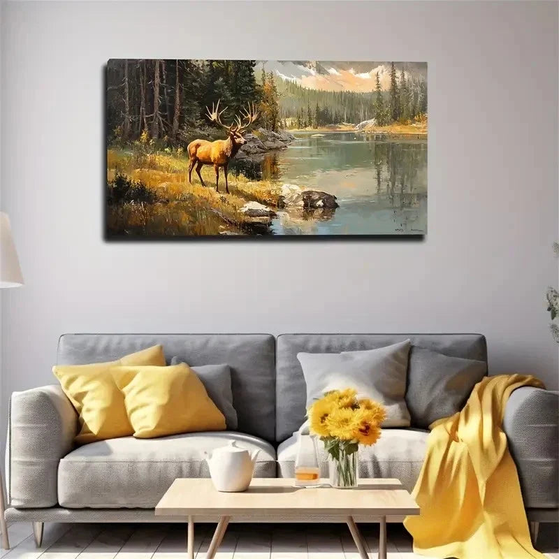 Elk Drinking Water Wall Art Canvas Office Home Room Framed 80x45cm