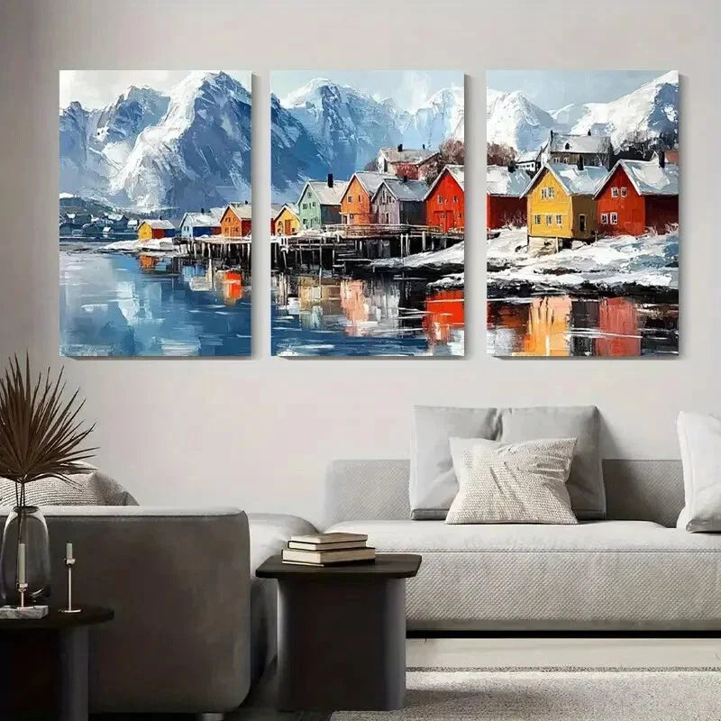 3pcs Colorful Nordic Village Winter Landscape Metal Print Ready to Hang Art